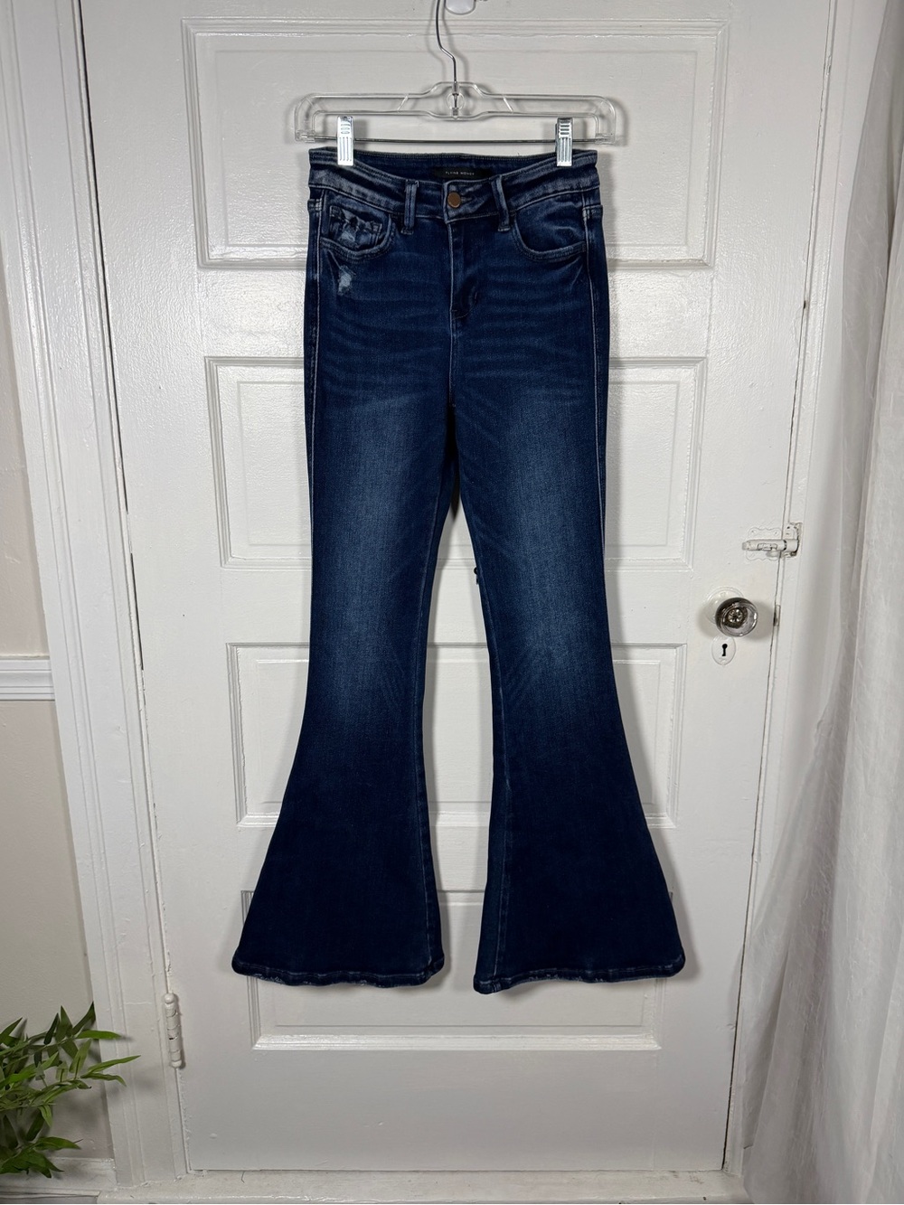 Flying Monkey Dark Blue High-Rise Flare Jeans Faded Stretch Denim Sz 25 Boho Y2K